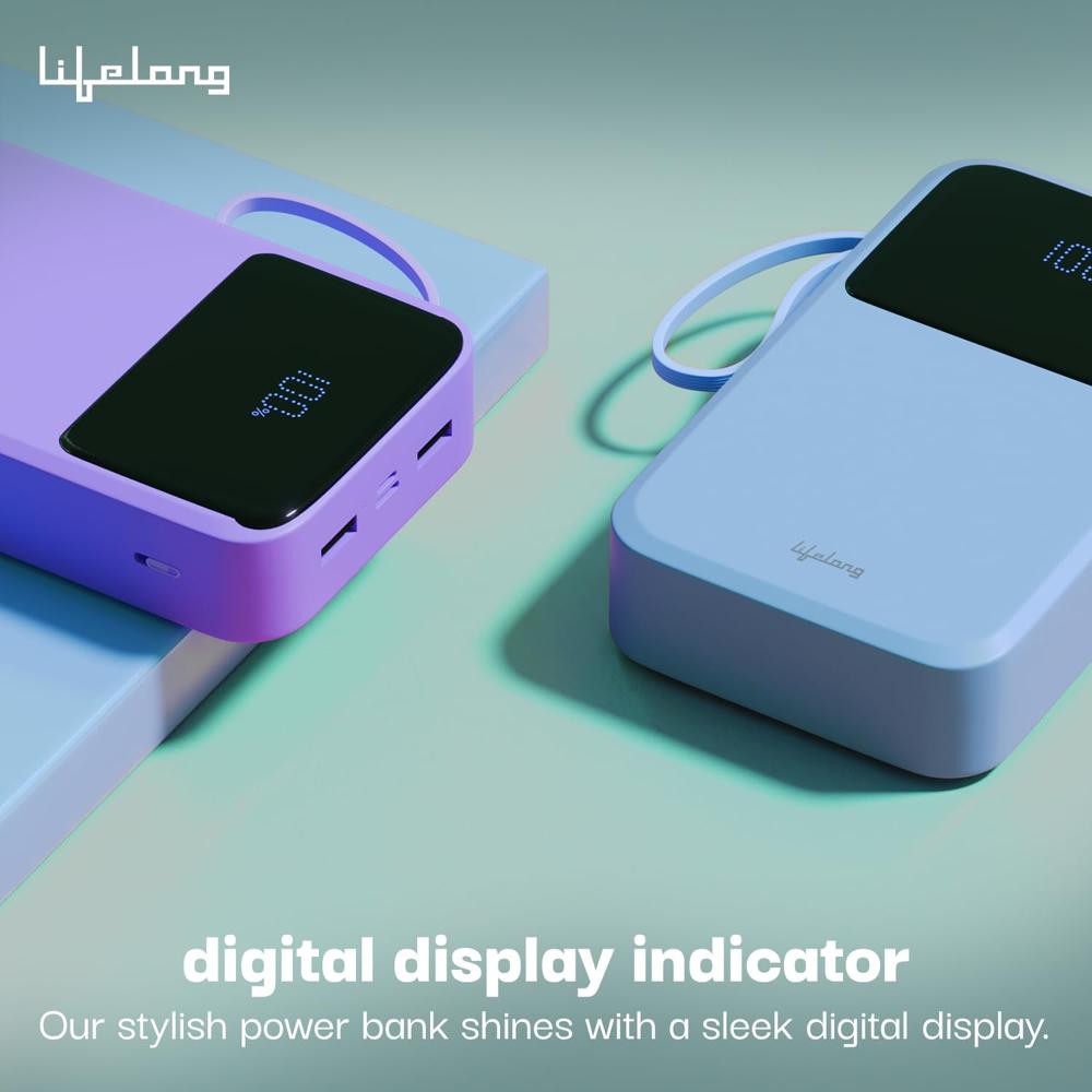 Lifelong Electronics 10000mAh 22.5W Fast Charging Power Bank | 3 Inputs (1 Built-in USB A Cable + 1 C + 1 Lightning Port) & 6 Outputs (3 Built-in Cables + 1 C + 2 A Port) | Small Pocket Size Powerbank  LLPBVA11