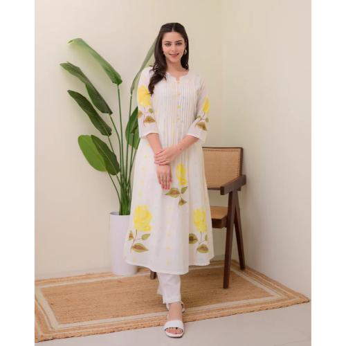 Yellow Rose Pintex Mul Cotton A Line Kurta Set