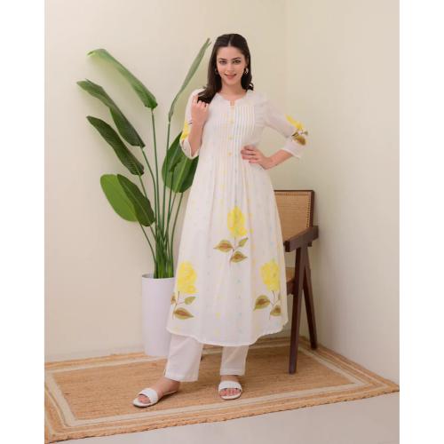 Yellow Rose Pintex Mul Cotton A Line Kurta Set