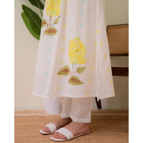 Yellow Rose Pintex Mul Cotton A Line Kurta Set
