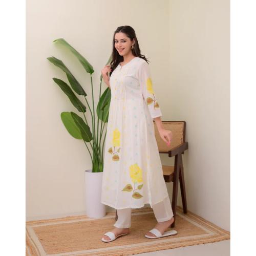 Yellow Rose Pintex Mul Cotton A Line Kurta Set