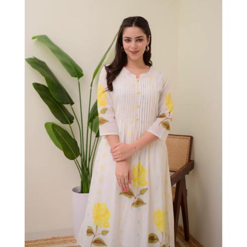 Yellow Rose Pintex Mul Cotton A Line Kurta Set