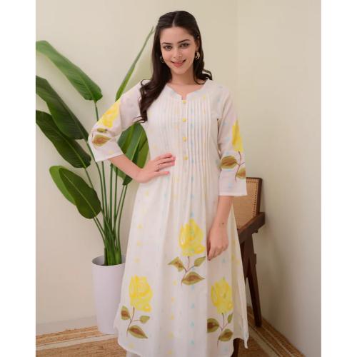 Yellow Rose Pintex Mul Cotton A Line Kurta Set