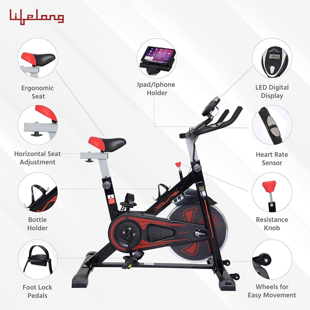 Lifelong Fit Pro Spin Fitness Bike with 6Kg Flywheel, Adjustable Resistance, LCD Monitor and Heart Rate Sensor for Fitness at Home; Home Workouts  LLF45