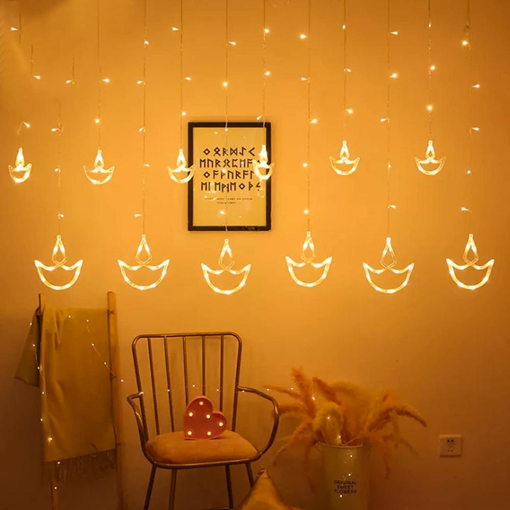 12 Diya Curtain String Lights, Window Curtain Lights (White Color)