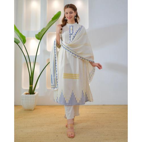 Ivory Mustard Indigo Muse Cotton A Line Suit