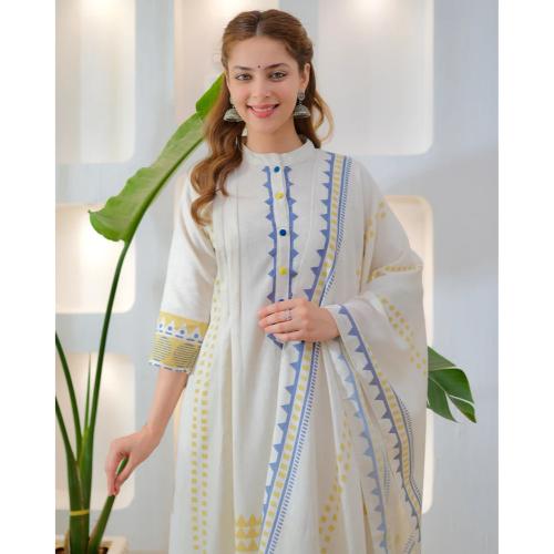 Ivory Mustard Indigo Muse Cotton A Line Suit