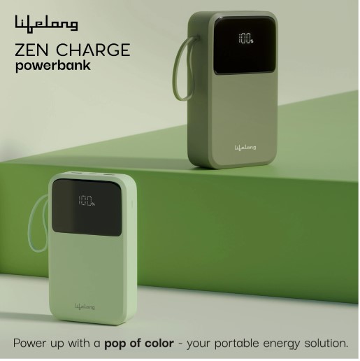 Lifelong Electronics 10000mAh 22.5W Fast Charging Power Bank | 3 Inputs (1 Built-in USB A Cable + 1 C + 1 Lightning Port  LLPBVA12