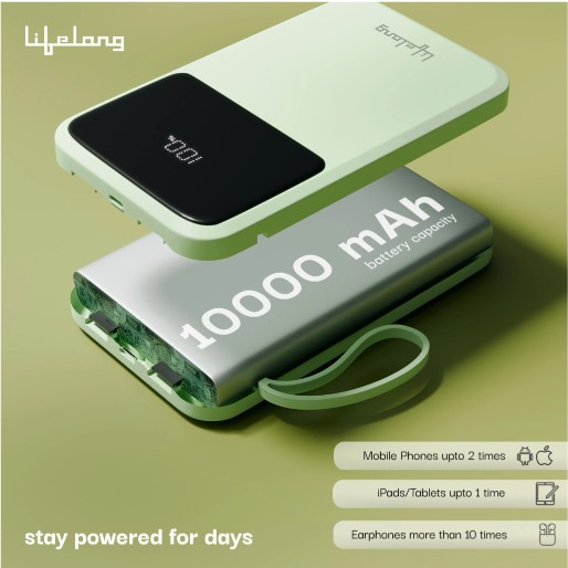 Lifelong Electronics 10000mAh 22.5W Fast Charging Power Bank | 3 Inputs (1 Built-in USB A Cable + 1 C + 1 Lightning Port  LLPBVA12
