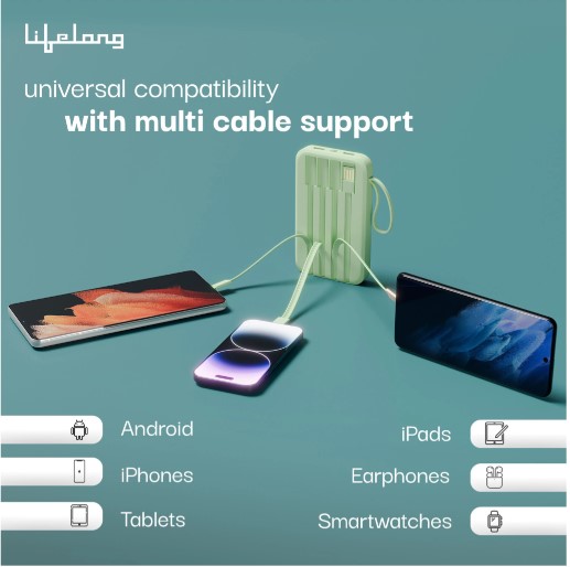 Lifelong Electronics 10000mAh 22.5W Fast Charging Power Bank | 3 Inputs (1 Built-in USB A Cable + 1 C + 1 Lightning Port  LLPBVA12