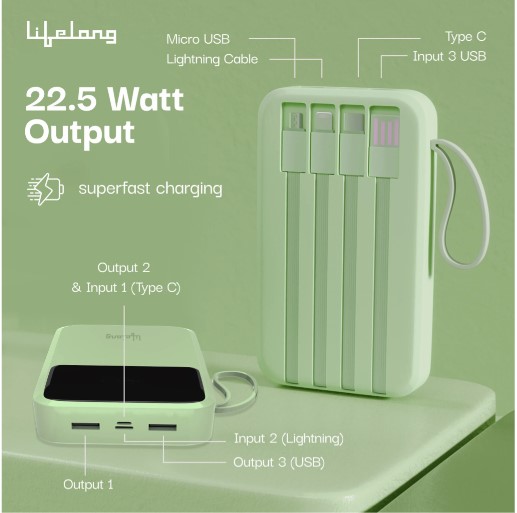 Lifelong Electronics 10000mAh 22.5W Fast Charging Power Bank | 3 Inputs (1 Built-in USB A Cable + 1 C + 1 Lightning Port  LLPBVA12