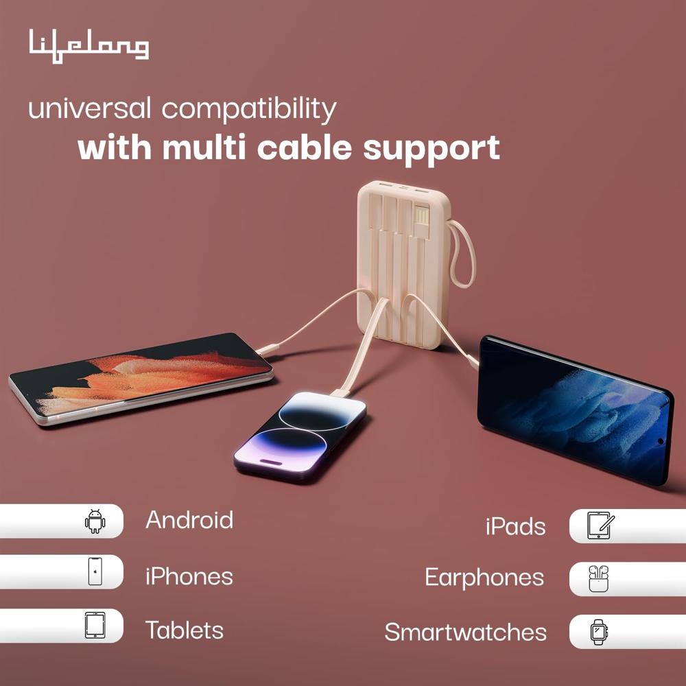 Lifelong Electronics 10000mah 22.5w Fast Charging Power Bank | 3 Inputs (1 Built-in Usb A Cable + 1 C + 1 Lightning Port Llpbva13 - Color: Peach