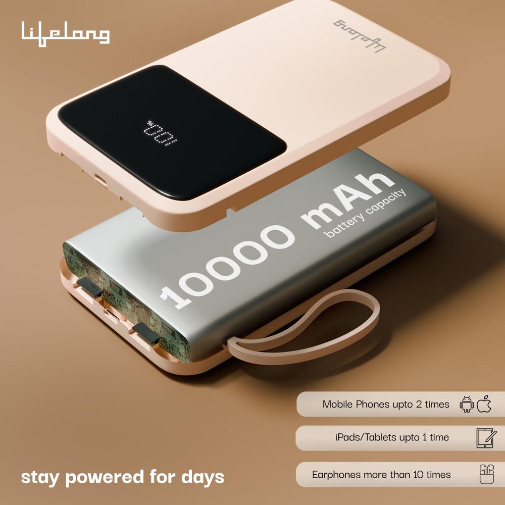 Lifelong Electronics 10000mah 22.5w Fast Charging Power Bank | 3 Inputs (1 Built-in Usb A Cable + 1 C + 1 Lightning Port Llpbva13 - Color: Peach