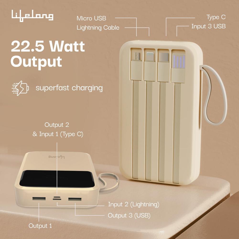 Lifelong Electronics 10000mAh 22.5W Fast Charging Power Bank | 3 Inputs (1 Built-in USB A Cable + 1 C + 1 Lightning Port LLPBVA13