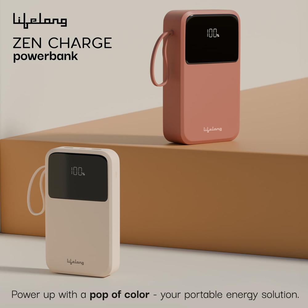 Lifelong Electronics 10000mah 22.5w Fast Charging Power Bank | 3 Inputs (1 Built-in Usb A Cable + 1 C + 1 Lightning Port Llpbva13 - Color: Peach