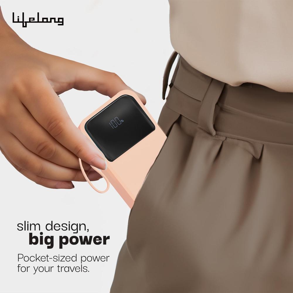 Lifelong Electronics 10000mAh 22.5W Fast Charging Power Bank | 3 Inputs (1 Built-in USB A Cable + 1 C + 1 Lightning Port LLPBVA13
