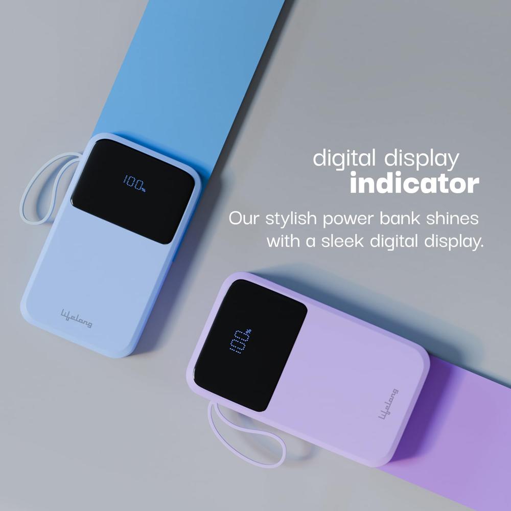 Lifelong Electronics 20000mAh 22.5W Fast Charging Power Bank | 3 Inputs (1 Built-in USB A Cable + 1 C + 1 Lightning Port) LLPBVA21