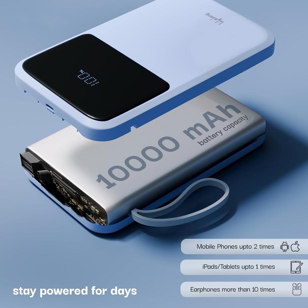 Lifelong Electronics 20000mAh 22.5W Fast Charging Power Bank | 3 Inputs (1 Built-in USB A Cable + 1 C + 1 Lightning Port) LLPBVA21