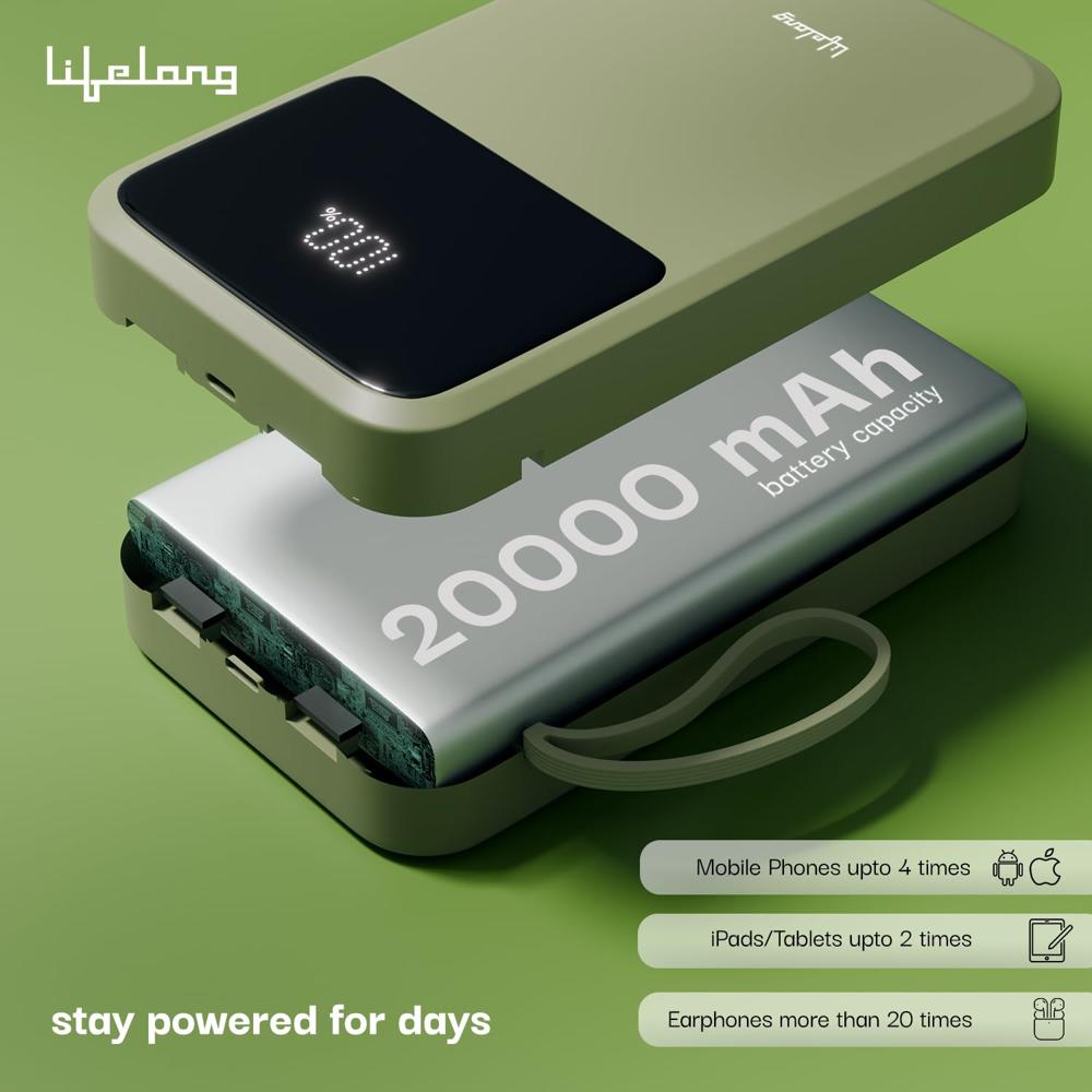 Lifelong Electronics 20000mAh 22.5W Fast Charging Power Bank | 3 Inputs (1 Built-in USB A Cable  LLPBVA22