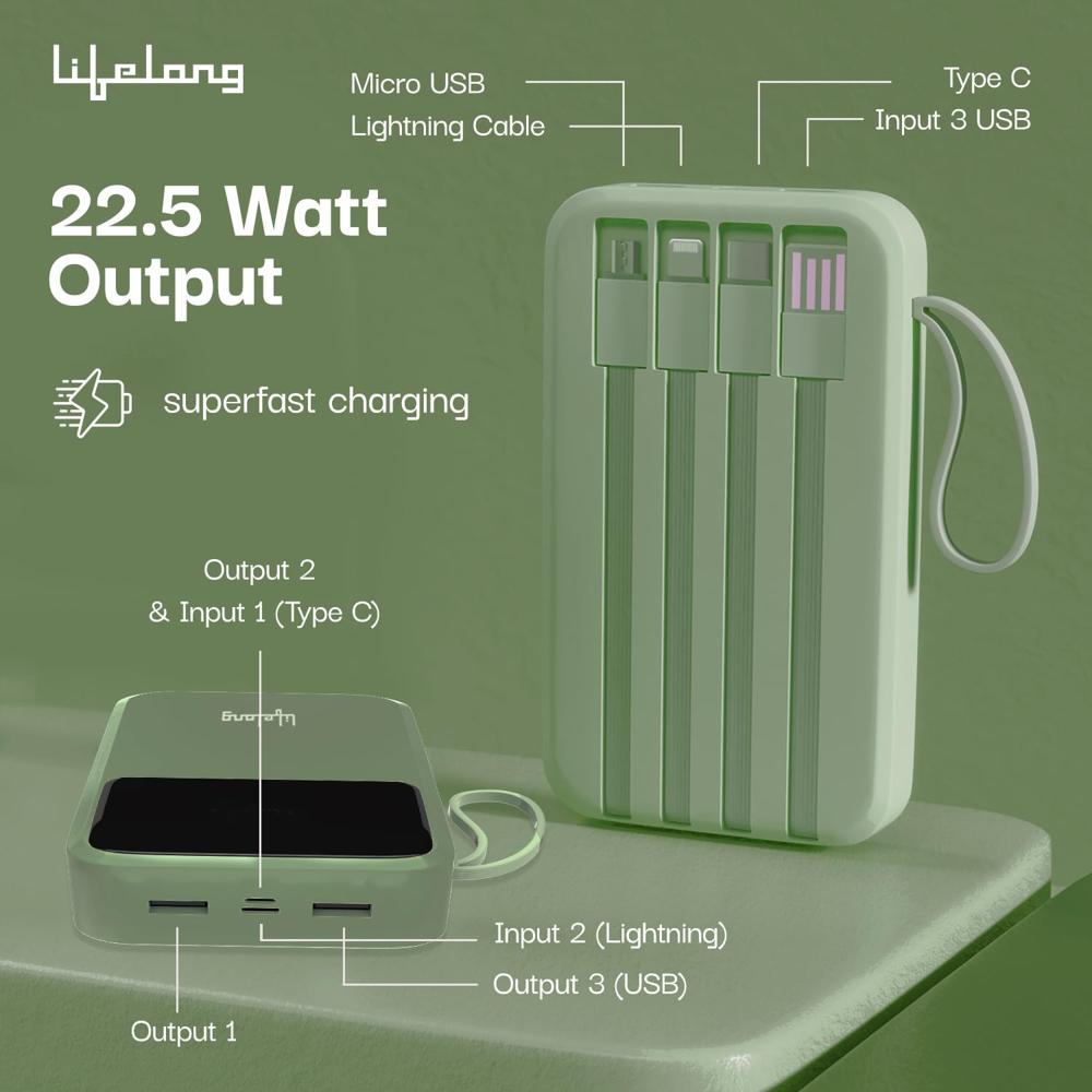 Lifelong Electronics 20000mAh 22.5W Fast Charging Power Bank | 3 Inputs (1 Built-in USB A Cable  LLPBVA22
