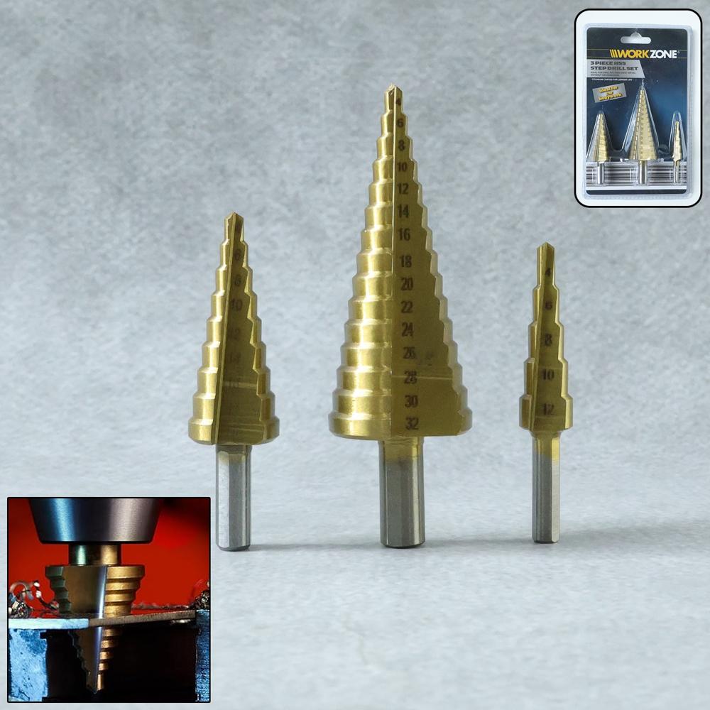 3x Large Hss Steel Step Cone Drill Titanium Bit Set Hole Cutter (4-32, 4-20, 4-12mm)