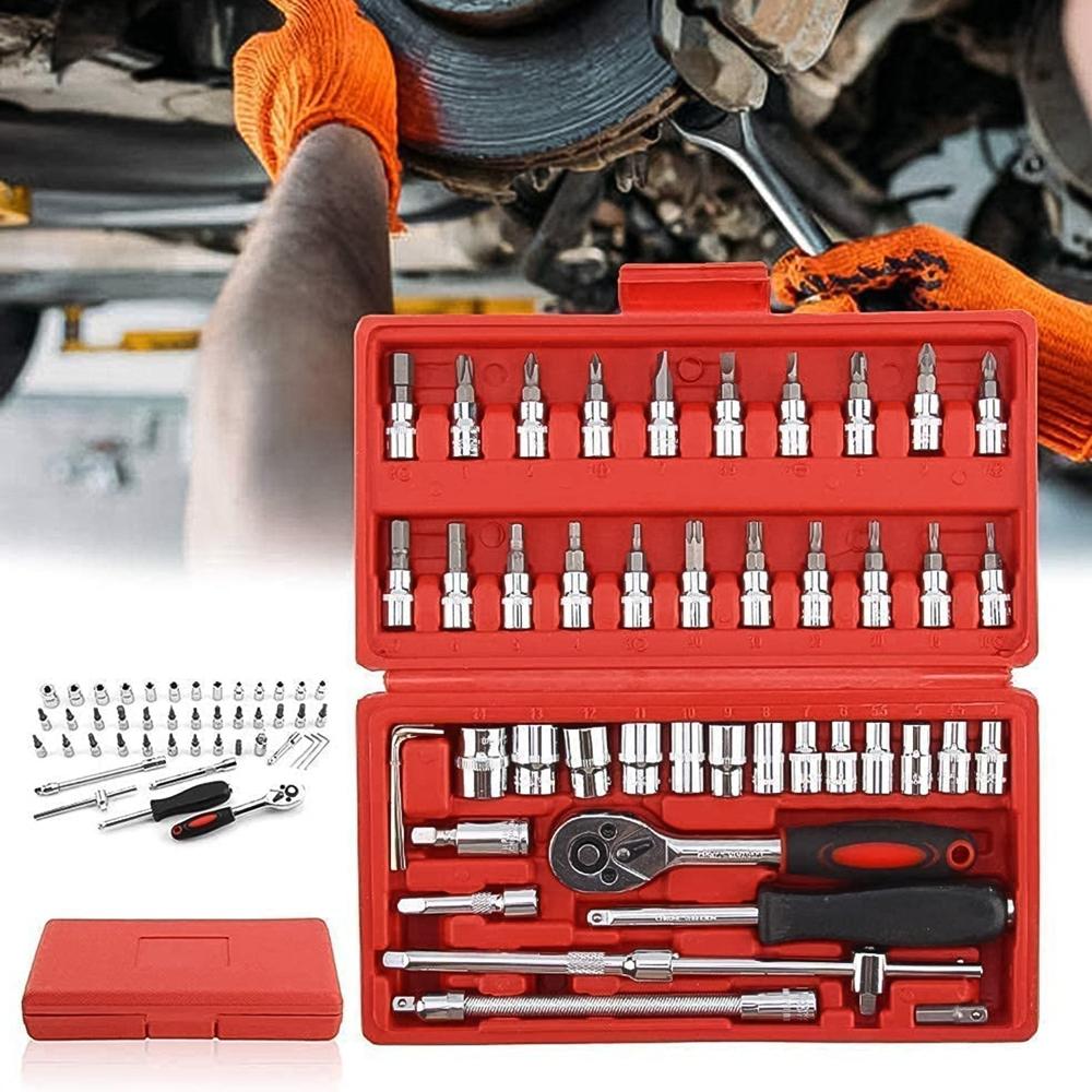 Socket 1 / 4 Inch Combination Repair Tool Kit (Red 46 pcs)