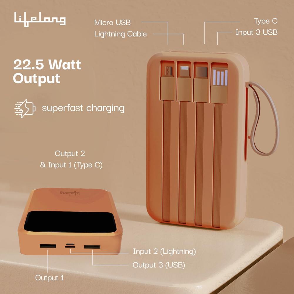 Lifelong Electronics 20000mAh 22.5W Fast Charging Power Bank | 3 Inputs (1 Built-in USB A Cable +  LLPBVA23