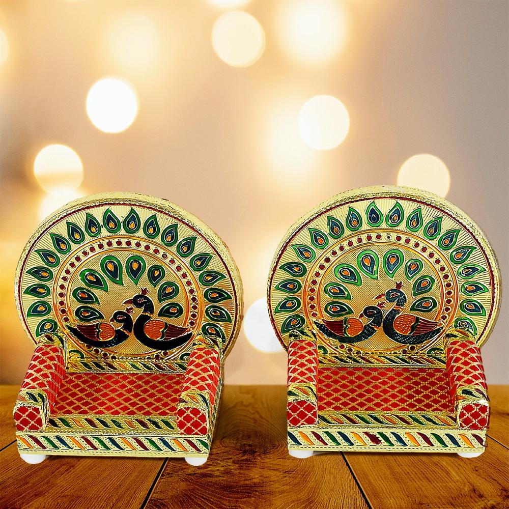 Meenakari Work Laddu Gopal Singhasan / Sihasan For Pooja Mandir Wooden Krishna Ladoo Bal Gopal Sofa Asan, Home Decorative Premium Look Decorative Singhasan Suitable For Home, Office, Restaurant (2 Pc Set) - Color: Mix