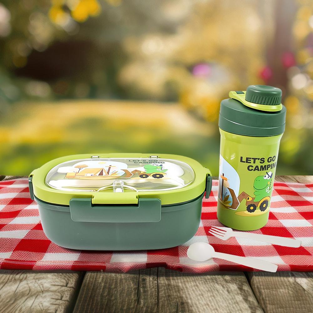 Plastic Lunch Box Leak Proof 3 Compartment With Bottle, Spoon And Fork (1 Set) - Color: Mix