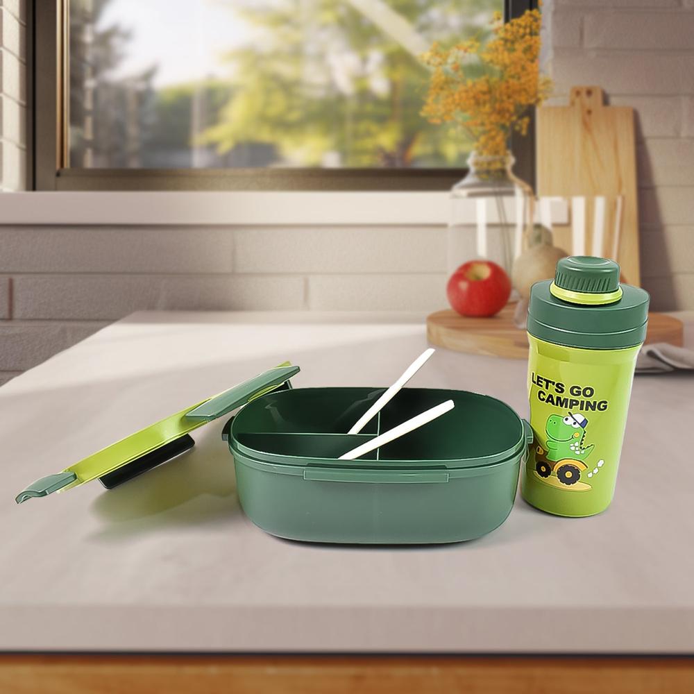 Plastic Lunch Box Leak Proof 3 Compartment with Bottle, Spoon and Fork (1 Set)