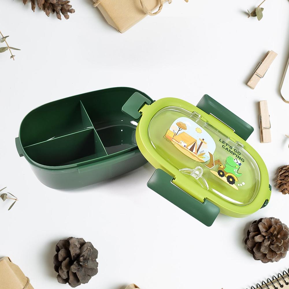 Plastic Lunch Box Leak Proof 3 Compartment with Bottle, Spoon and Fork (1 Set)