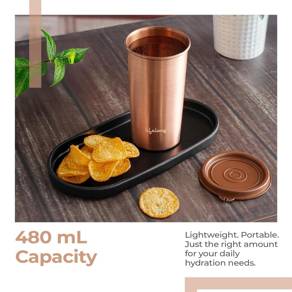 Lifelong 480ml Copper Water Tumbler with Lid | Natural Alkaline water |Leakproof & Lightweight Design Boosts Immunity
