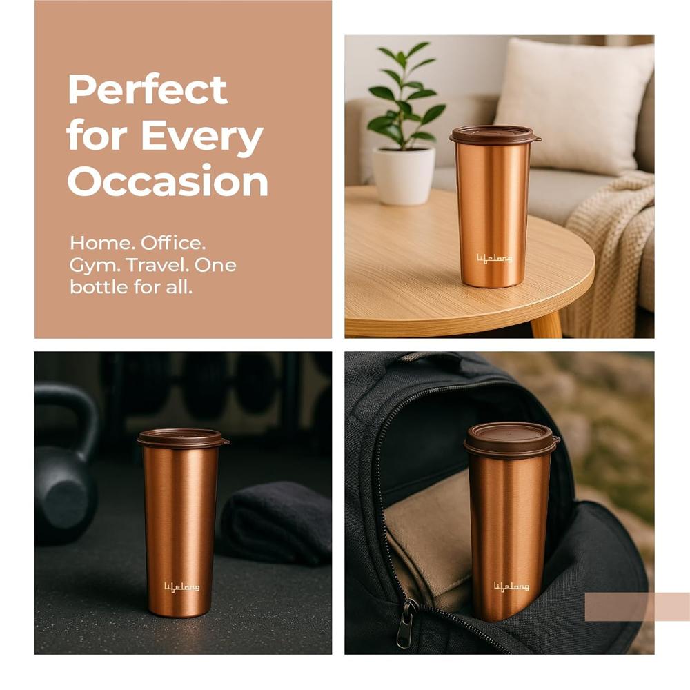 Lifelong 480ml Copper Water Tumbler with Lid | Natural Alkaline water |Leakproof & Lightweight Design Boosts Immunity