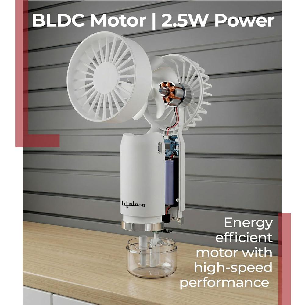 Lifelong Mini Hand Fan with Mist Function | 3 Speed Settings, Mist Spray, 4000 RPM | Type-C Charging, 2.5W BLDC Motor, 500mAh Battery 