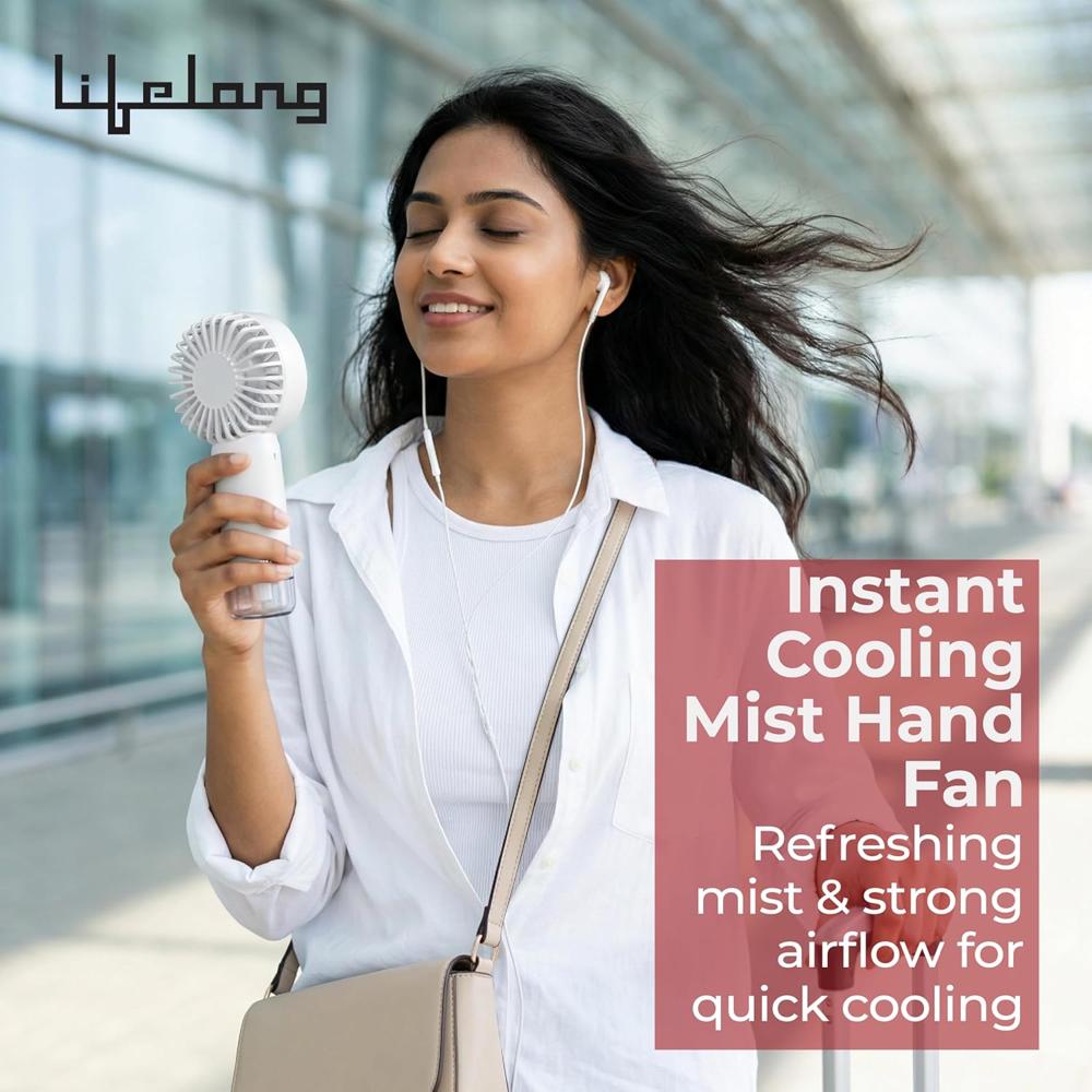 Lifelong Mini Hand Fan with Mist Function | 3 Speed Settings, Mist Spray, 4000 RPM | Type-C Charging, 2.5W BLDC Motor, 500mAh Battery 