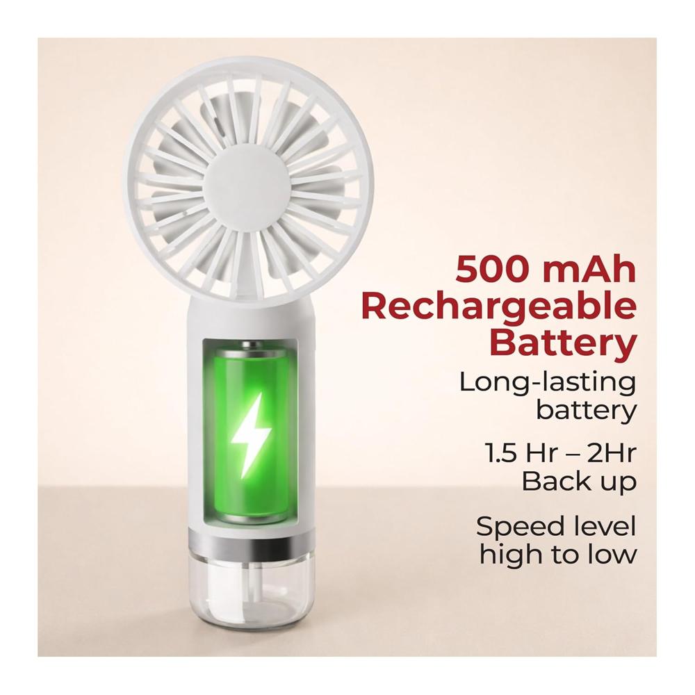 Lifelong Mini Hand Fan with Mist Function | 3 Speed Settings, Mist Spray, 4000 RPM | Type-C Charging, 2.5W BLDC Motor, 500mAh Battery 