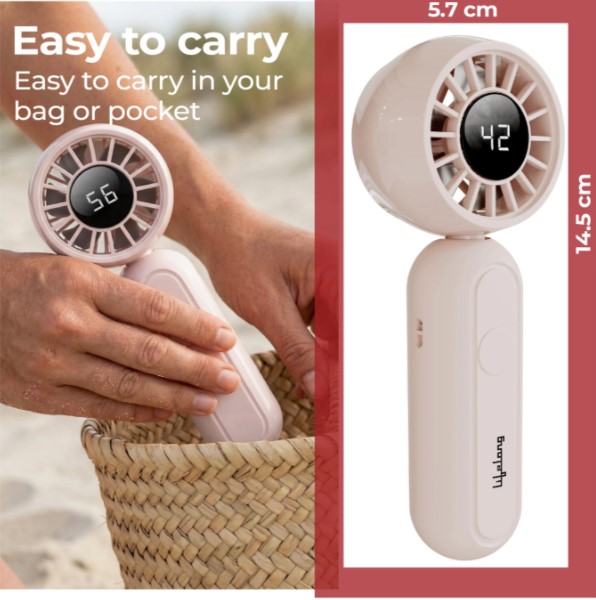LLSCPHF002 Lifelong Foldable Bubble Mini Hand Fan with Digital Display | Rechargeable USB Type-C Portable Fan | 3 Speed 8400 RPM High Power | Compact Handheld Travel Fan 1200mAh Battery (Beige)