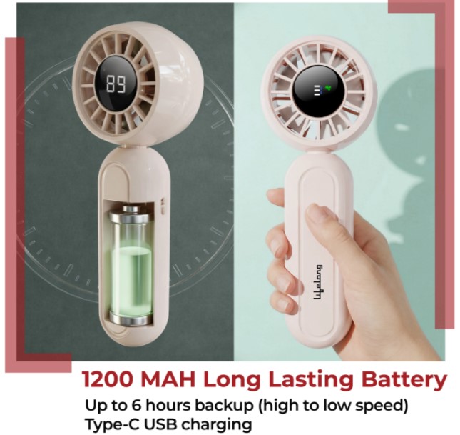 LLSCPHF002 Lifelong Foldable Bubble Mini Hand Fan with Digital Display | Rechargeable USB Type-C Portable Fan | 3 Speed 8400 RPM High Power | Compact Handheld Travel Fan 1200mAh Battery (Beige)