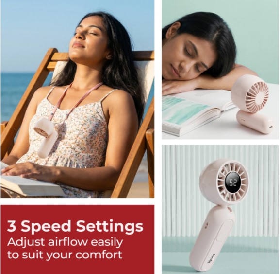 LLSCPHF002 Lifelong Foldable Bubble Mini Hand Fan with Digital Display | Rechargeable USB Type-C Portable Fan | 3 Speed 8400 RPM High Power | Compact Handheld Travel Fan 1200mAh Battery (Beige)
