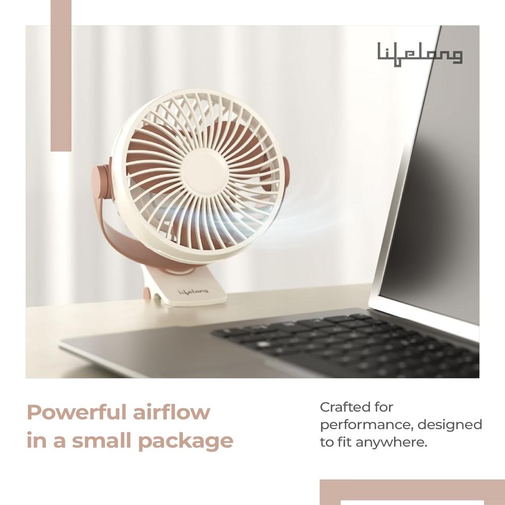 Lifelong Portable USB Fan with 3 Speeds | Up to 5-hours Battery Backup | Type-C Charging, 2000mAh Battery, Overcharge Protection, Silent Operation & Compact Design (LLUSBCF03