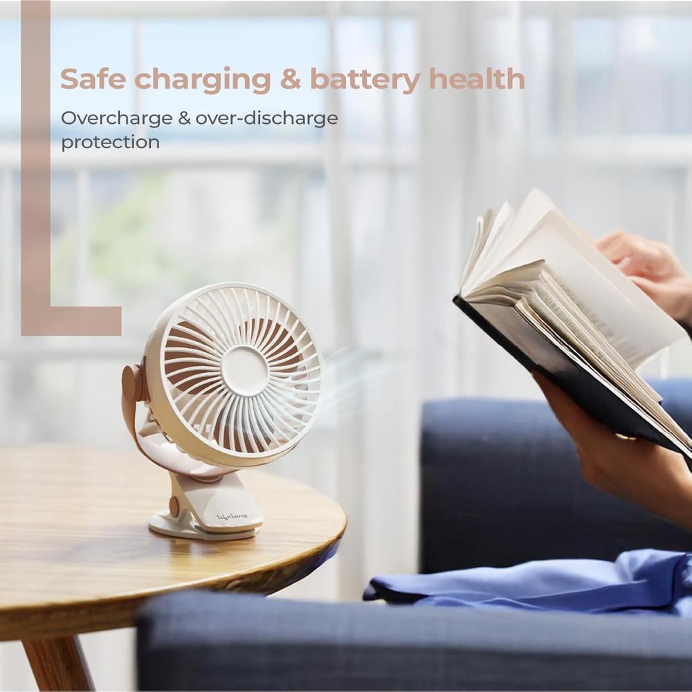 Lifelong Portable USB Fan with 3 Speeds | Up to 5-hours Battery Backup | Type-C Charging, 2000mAh Battery, Overcharge Protection, Silent Operation & Compact Design (LLUSBCF03