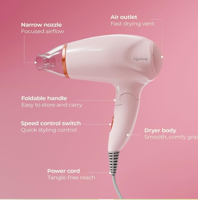 Lifelong 1200W Hair Dryer for Women & Men | Foldable & Compact Blow Dryer | 2 Heat Settings | Travel-Friendly Portable Hair Dryer for Smooth, Frizz-Free Styling Pink LLPCW90