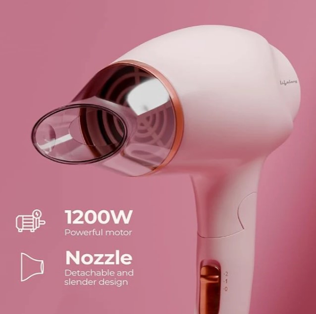 Lifelong 1200W Hair Dryer for Women & Men | Foldable & Compact Blow Dryer | 2 Heat Settings | Travel-Friendly Portable Hair Dryer for Smooth, Frizz-Free Styling Pink LLPCW90