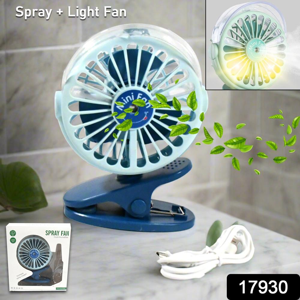Portable Clip-on Fan, Battery Operated, With Light & Spray, Small Yet Powerful USB Table Fan, 3-Speed Quiet Rechargeable Mini Desk Fan, 360 Rotation, Personal Cooling Fan for Home, Office, Camping