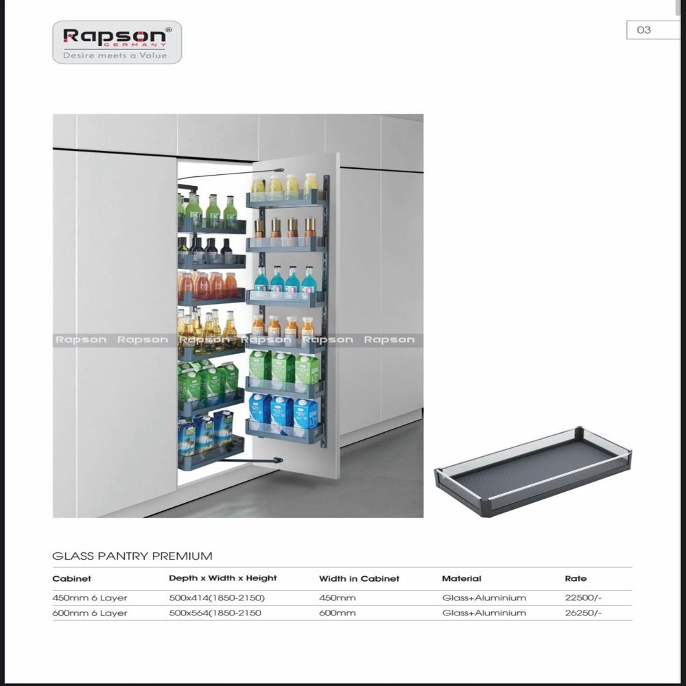 Glass Pantry Premium - Toughened Glass & 304 Stainless Steel, 450x1900x550 Mm, Silver & Transparent | 6 Adjustable Shelves, Soft Close Mechanism