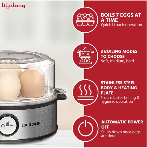 Lifelong LLEB05 Egg Boiler Egg Cooker (Silver, Black, 7 Eggs