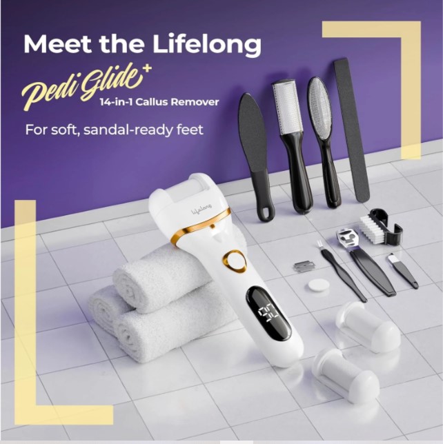 LLPCW104 Lifelong 14-in-1 Electric Callus Remover for Feet | Rechargeable Pedicure Machine with Dead Skin Remover, Crack Heel Repair & Waterproof Design