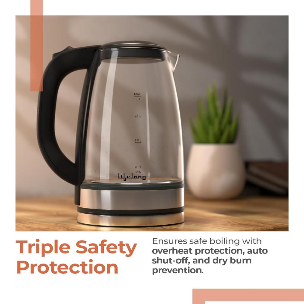 Lifelong Glass Electric Kettle 1.8L | 1350W Kettle with One Key Operation &Cool Touch Handle 