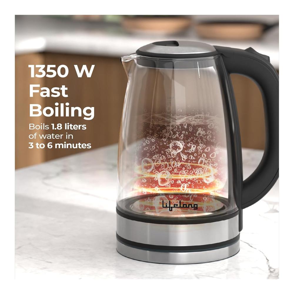 Lifelong Glass Electric Kettle 1.8L | 1350W Kettle with One Key Operation &Cool Touch Handle 