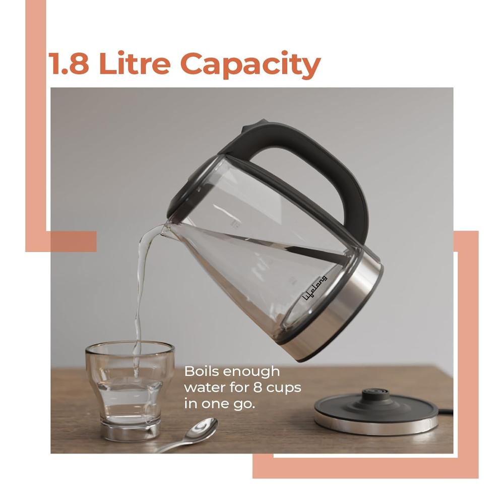 Lifelong Glass Electric Kettle 1.8L | 1350W Kettle with One Key Operation &Cool Touch Handle 